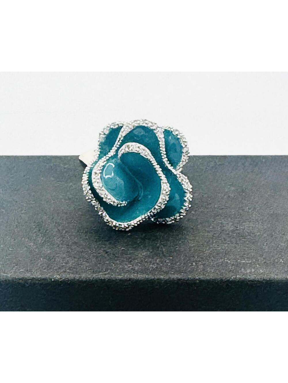 Silver tone enameled aqua blue flower with paved rhinestone ring NWT